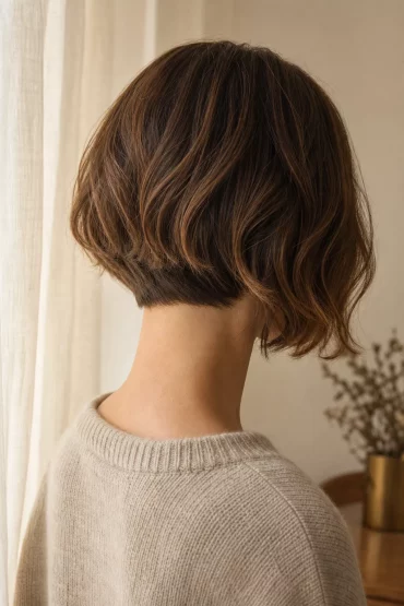 Long Bob mit kurzem Nacken, präzise Nackenlinie.