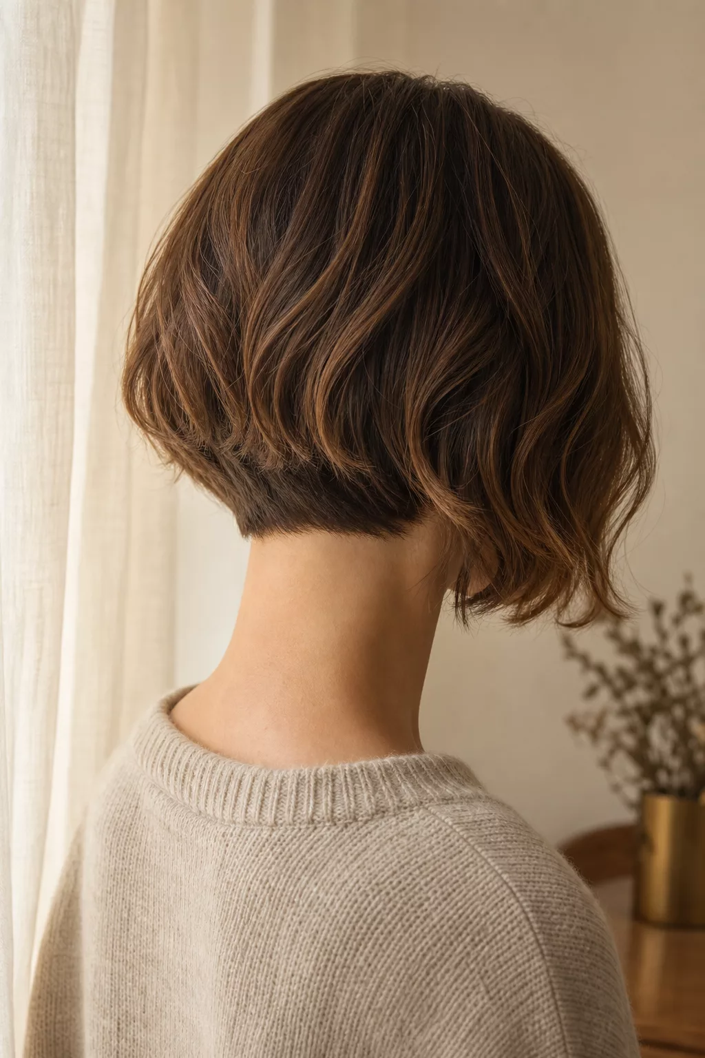 Long Bob mit kurzem Nacken, präzise Nackenlinie.