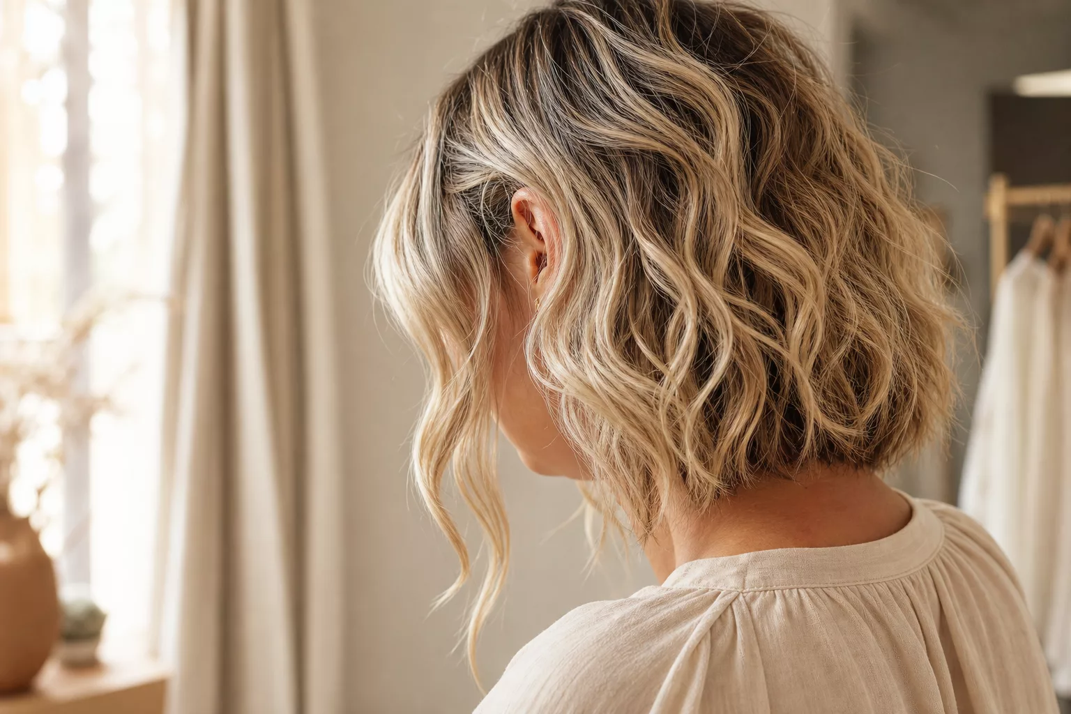 Long Bob für lockiges Haar mit gesichtsrahmenden Strähnen