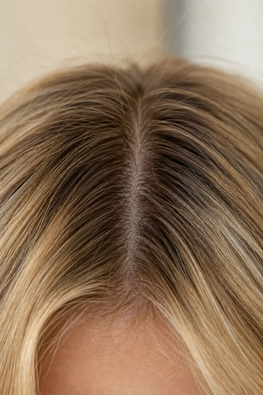 Seitlich fallender Curtain-Bangs-Pony am Ansatz, Nahaufnahme
