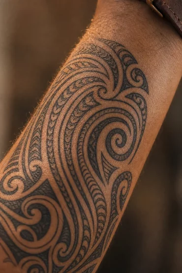 Nahaufnahme von Spiral- und Wellenmustern im Maori-Tattoo