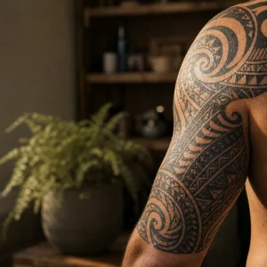 Polynesische Maori Tattoos als kunstvolles Tribal-Sleeve am Oberarm
