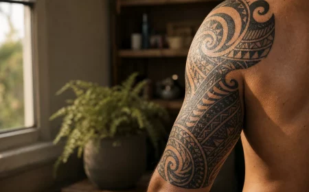 Polynesische Maori Tattoos als kunstvolles Tribal-Sleeve am Oberarm