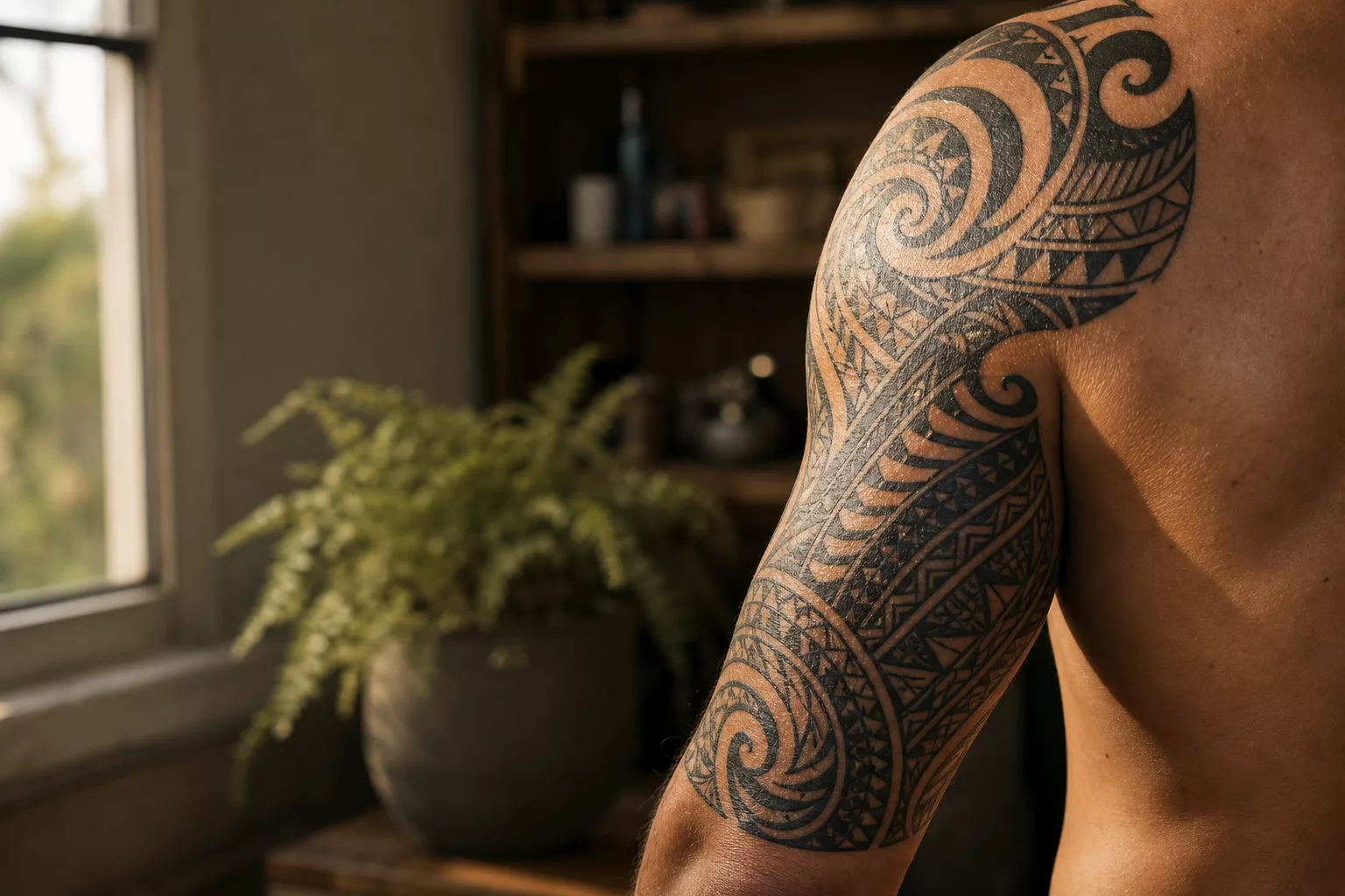 Polynesische Maori Tattoos als kunstvolles Tribal-Sleeve am Oberarm