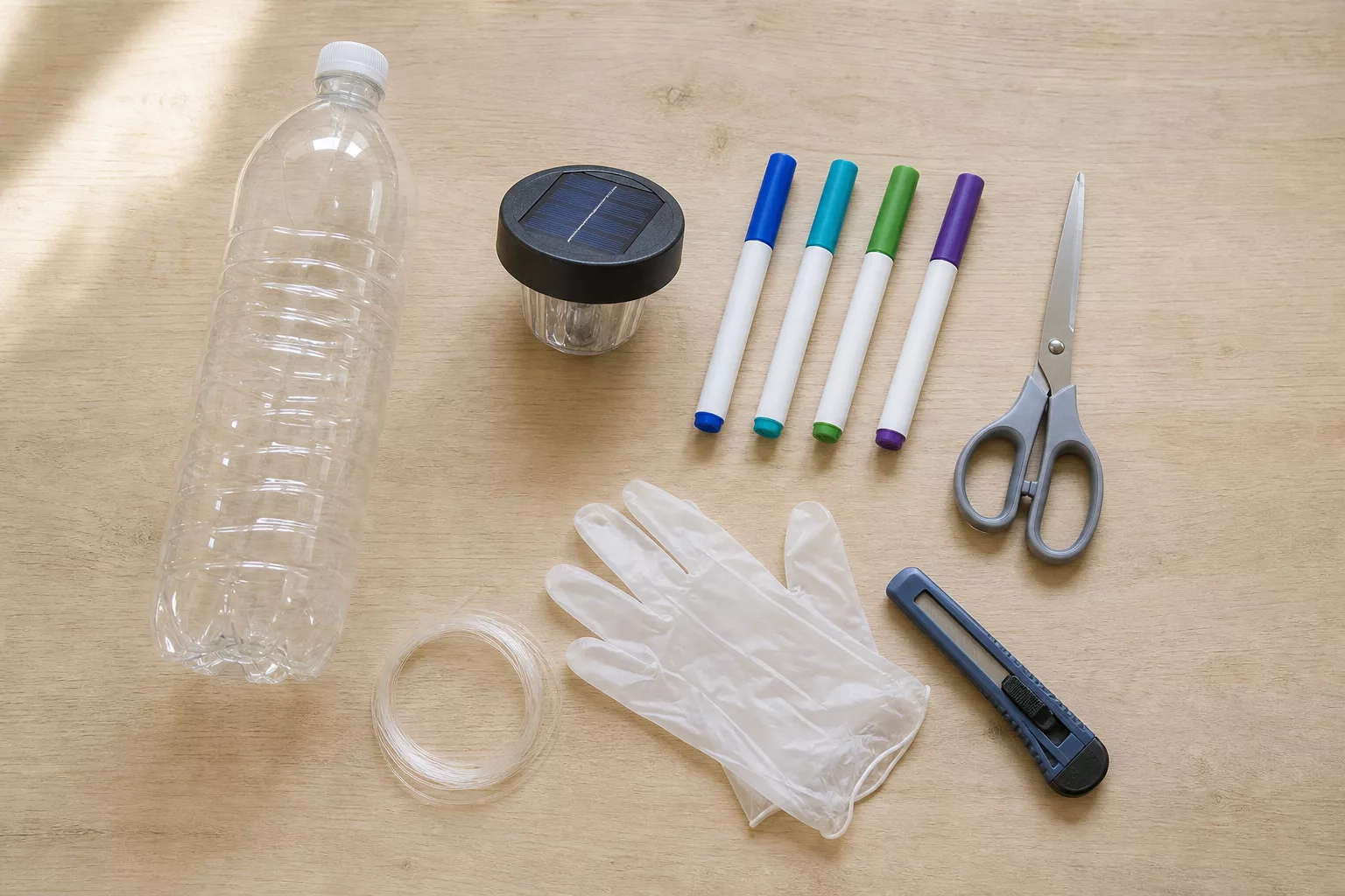 Materialien für die Quallen-Laterne: PET-Flasche, Solarleuchte, Marker, Schere