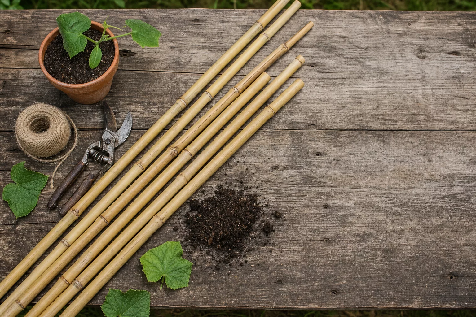 Materialien für eine Bambus-Rankhilfe: Stäbe, Schnur und Gartenschere
