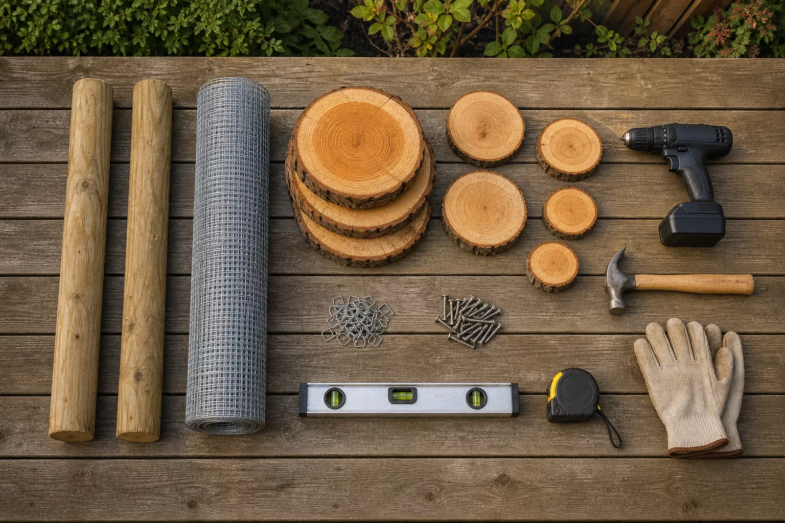 Materialliste für den Sichtschutz aus Baumscheiben: Pfosten, Gitter, Werkzeug