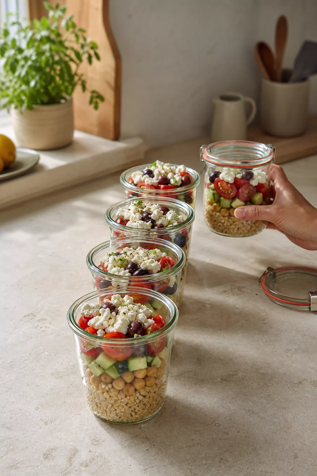 Mediterraner Wochenplan mit vorbereiteten Mahlzeiten im Glas