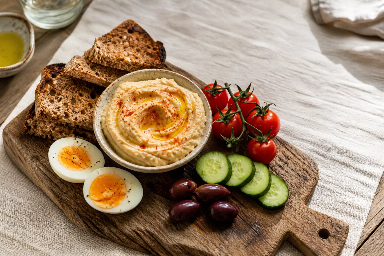 mediterranes Frühstück mit Hummus und Vollkornbrot