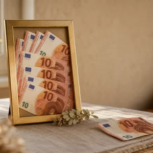 Geldgeschenk im Bilderrahmen mit gefächerten Geldscheinen