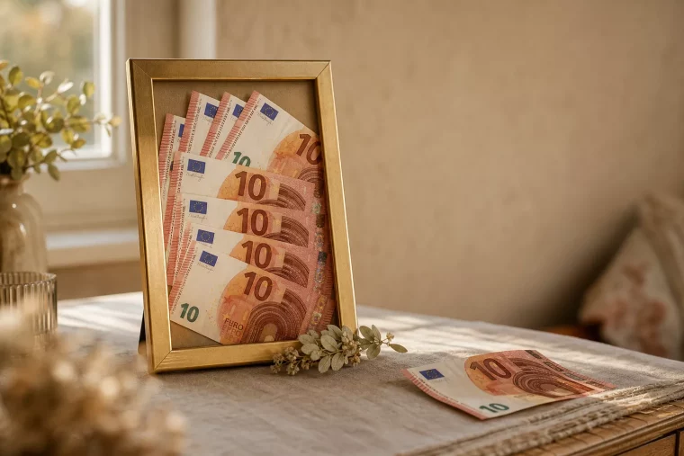 Geldgeschenk im Bilderrahmen mit gefächerten Geldscheinen