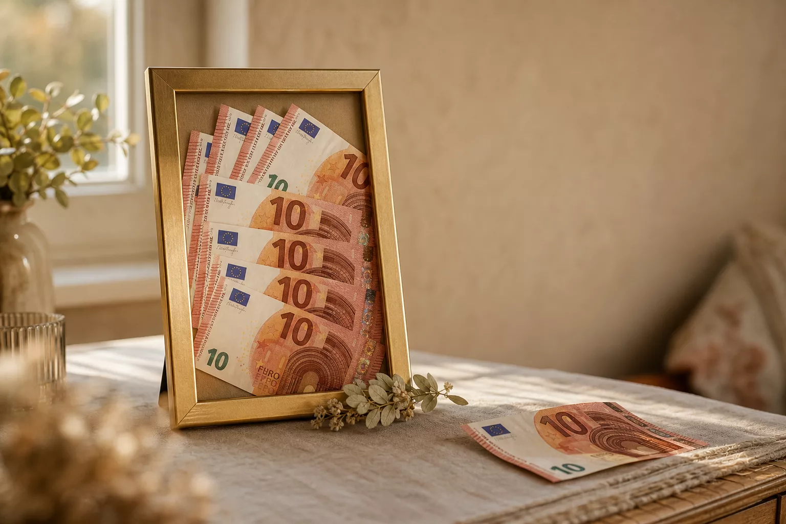 Geldgeschenk im Bilderrahmen mit gefächerten Geldscheinen