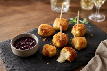 Mini-Back-Camembert als Fingerfood auf einer Partyplatte mit Preiselbeersauce