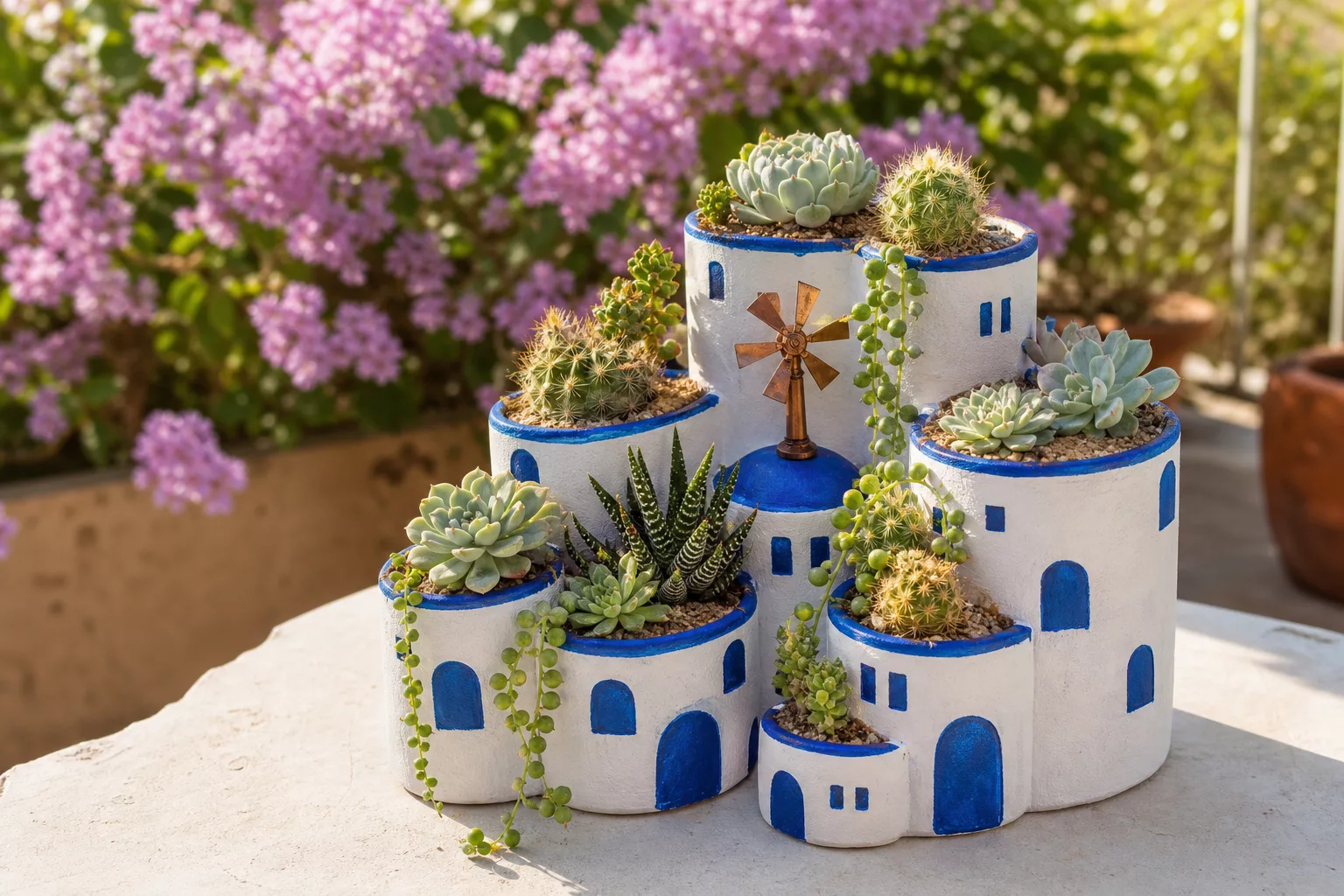 Mini-Santorini-Pflanzgefäß bepflanzt mit Sukkulenten und Kakteen