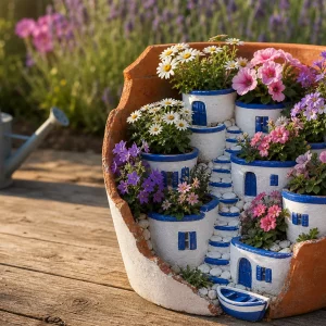 Mini-Santorini aus Tontöpfen mit bunten Blumen auf Holztisch