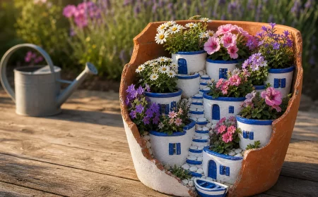 Mini-Santorini aus Tontöpfen mit bunten Blumen auf Holztisch