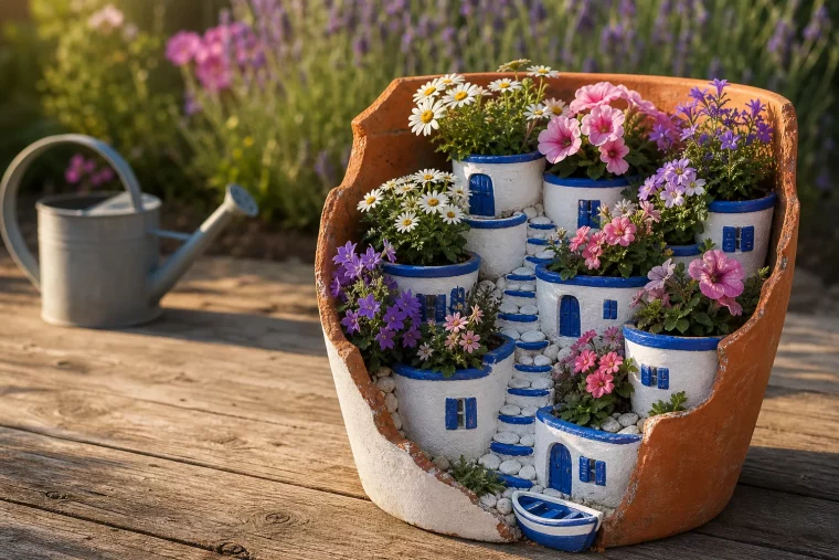Mini-Santorini aus Tontöpfen mit bunten Blumen auf Holztisch