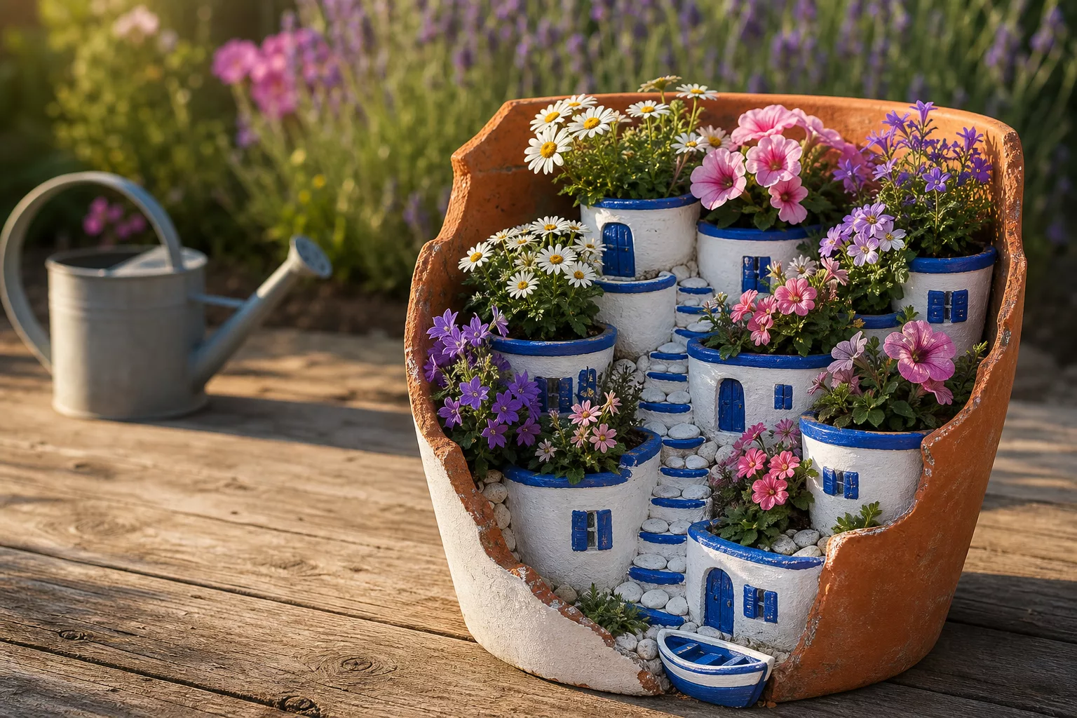 Mini-Santorini aus Tontöpfen mit bunten Blumen auf Holztisch