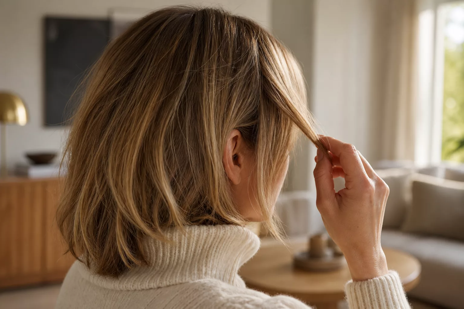 Mittellange Frisuren ab 50 mit Pony im Seitenprofil