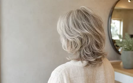Mittellange Frisur ab 50 mit weichen Stufen in Silberblond