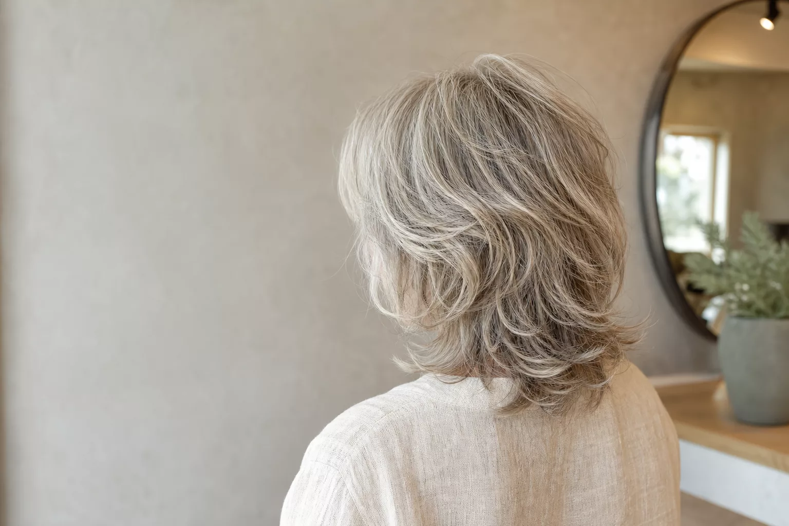 Mittellange Frisur ab 50 mit weichen Stufen in Silberblond