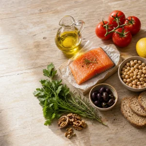 Lebensmittel für die mediterrane Diät auf Holztisch