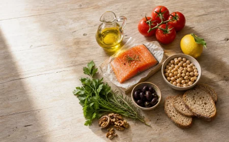 Lebensmittel für die mediterrane Diät auf Holztisch