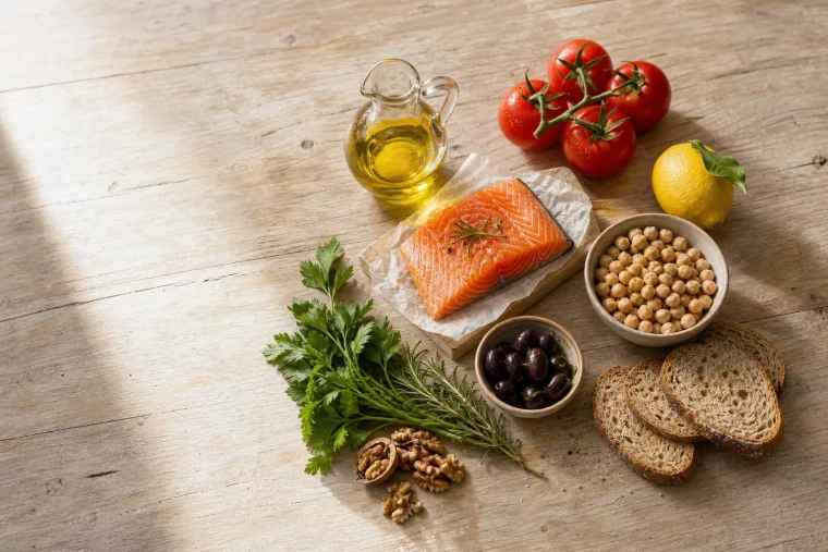 Lebensmittel für die mediterrane Diät auf Holztisch