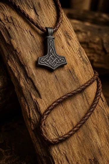 Mjölnir-Anhänger an Lederkette liegt auf verwittertem Holz