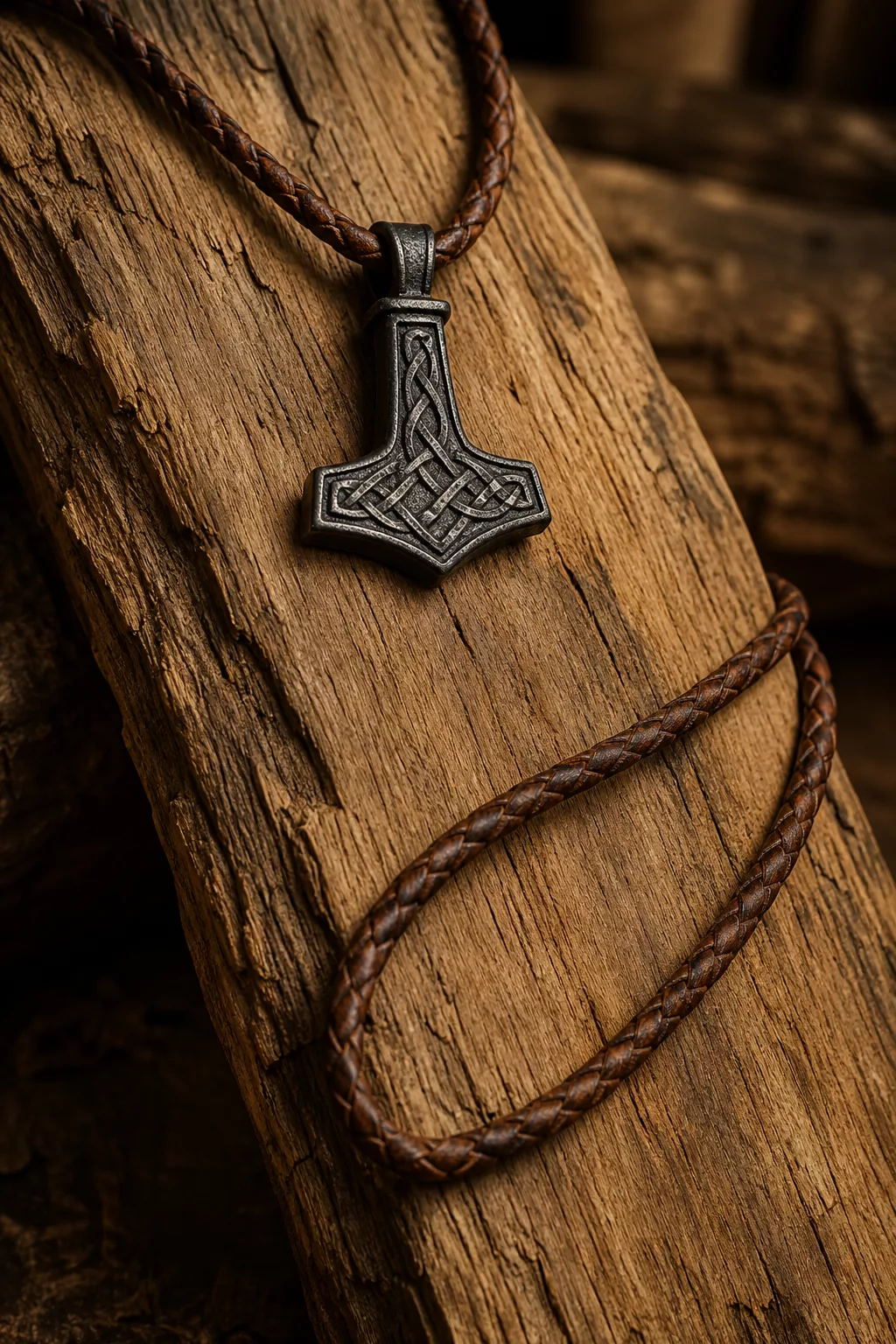 Mjölnir-Anhänger an Lederkette liegt auf verwittertem Holz