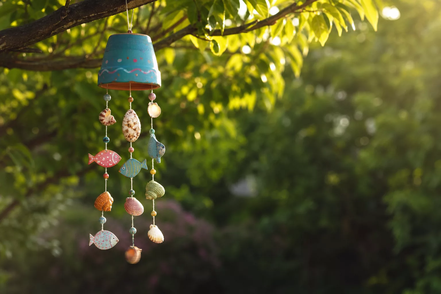 Selbst gebasteltes Muschel-Mobile hängt im sommerlichen Garten