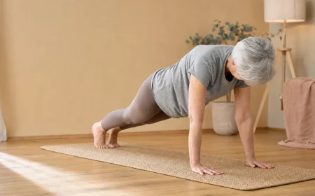 Frau ab 50 macht Muskelaufbau-Training im Wohnzimmer