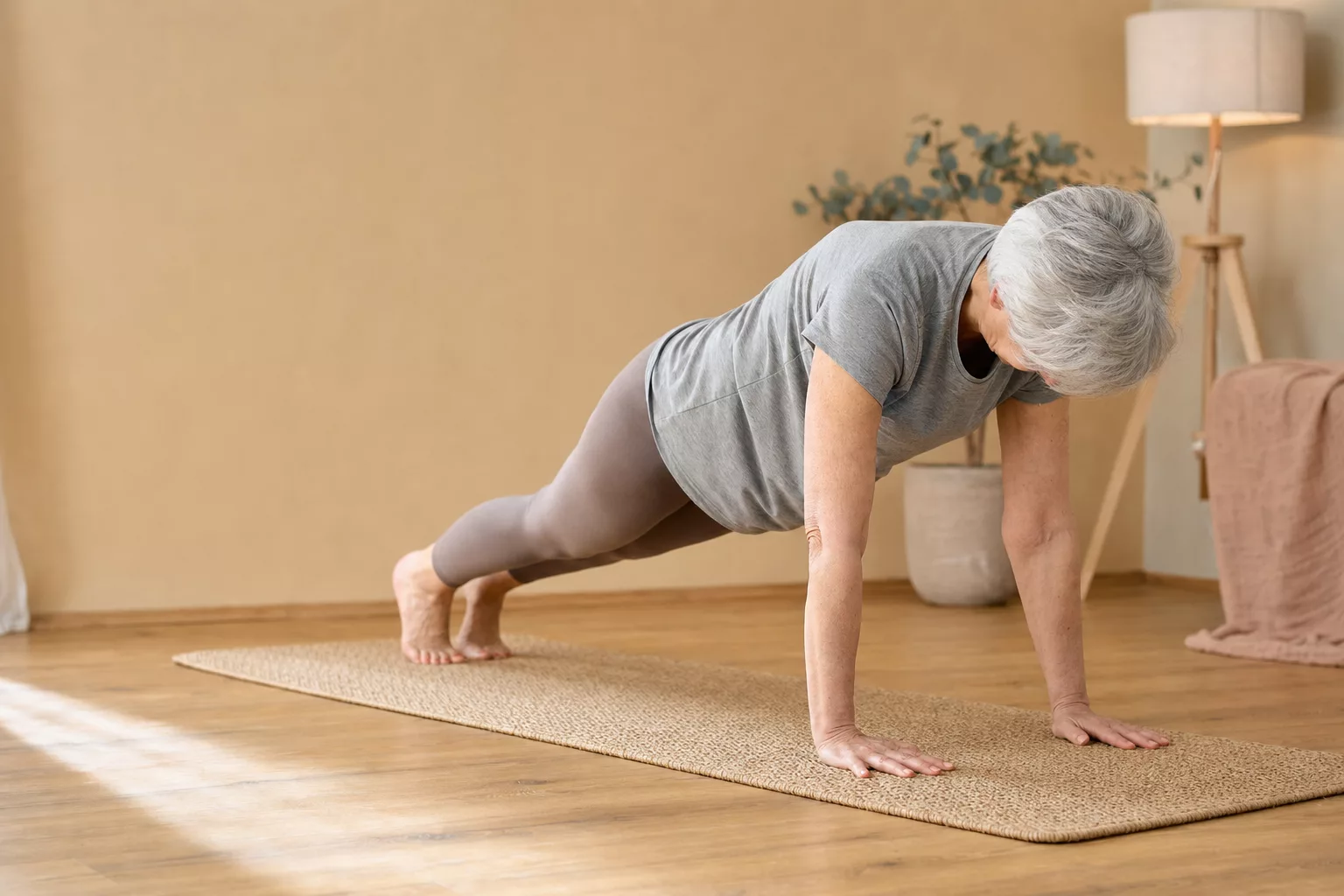 Frau ab 50 macht Muskelaufbau-Training im Wohnzimmer