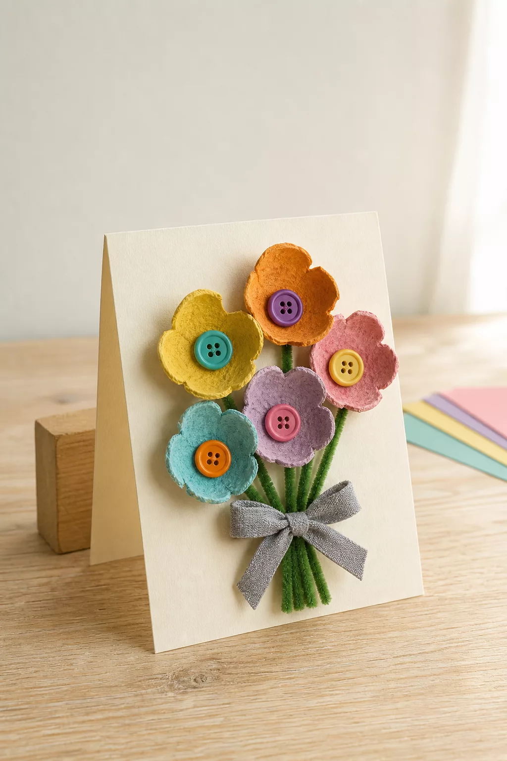 Fertige Muttertagskarte mit Blumenstrauß aus Eierkarton