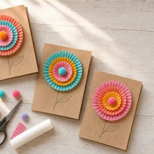Muttertagskarte basteln mit Kindern aus Papier und Pompons