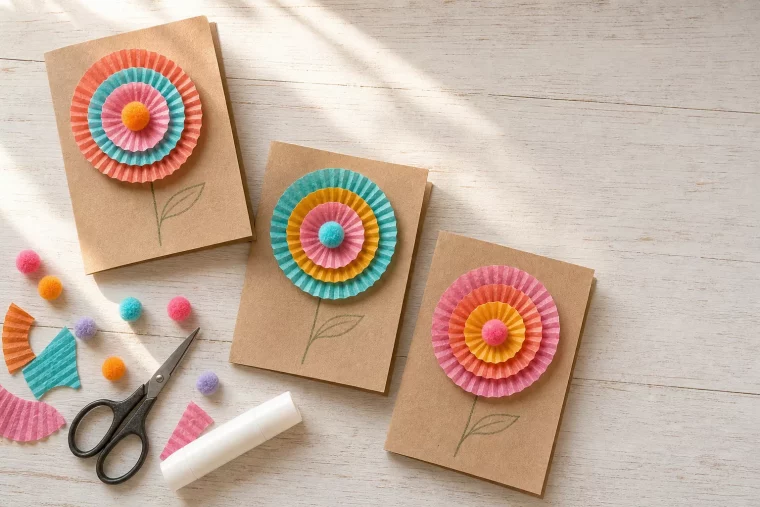 Muttertagskarte basteln mit Kindern aus Papier und Pompons