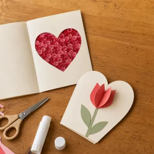 Selbst gebastelte Muttertagskarten mit Herz und Papiertulpe