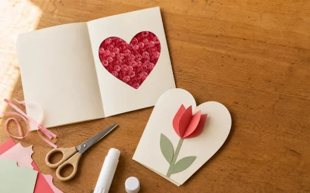 Selbst gebastelte Muttertagskarten mit Herz und Papiertulpe