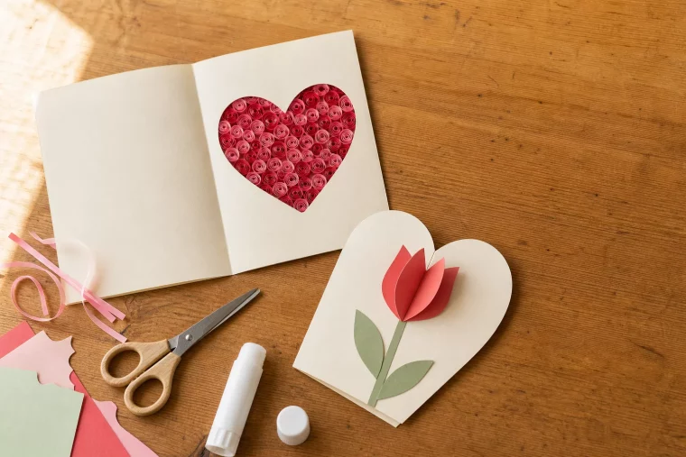 Selbst gebastelte Muttertagskarten mit Herz und Papiertulpe