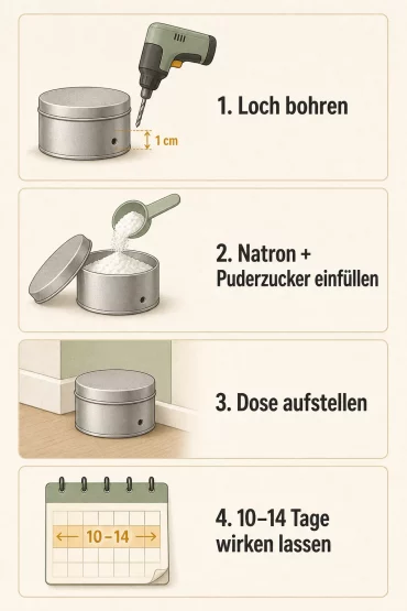 Grafik zeigt vier Schritte zum Bau einer haustiersicheren Natron-Köderdose gegen Ameisen