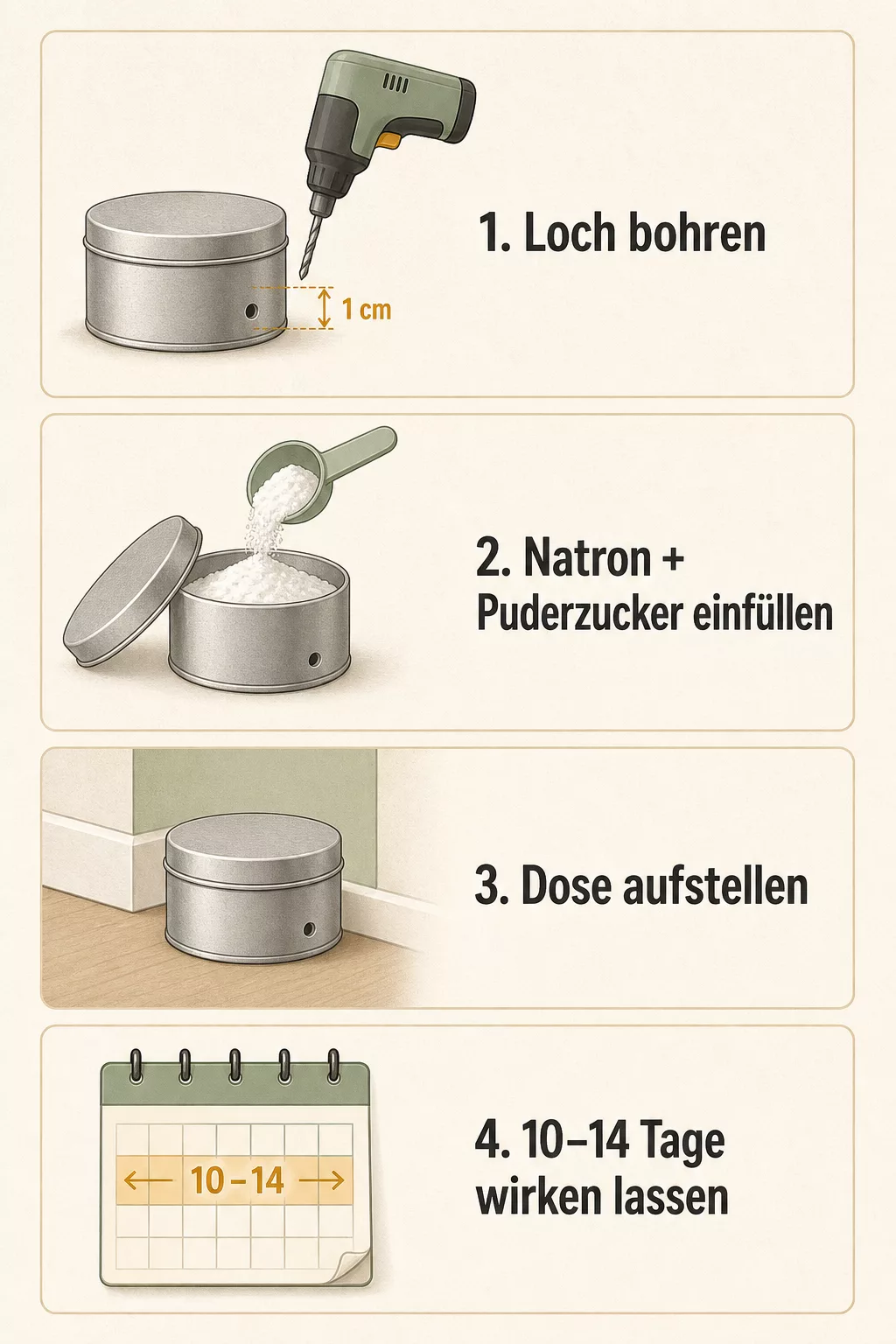 Grafik zeigt vier Schritte zum Bau einer haustiersicheren Natron-Köderdose gegen Ameisen