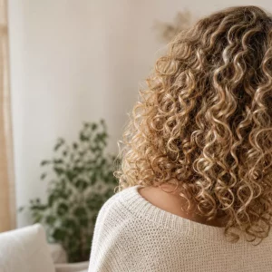 Naturlocken ab 50 in voller, glänzender Lockenpracht von hinten