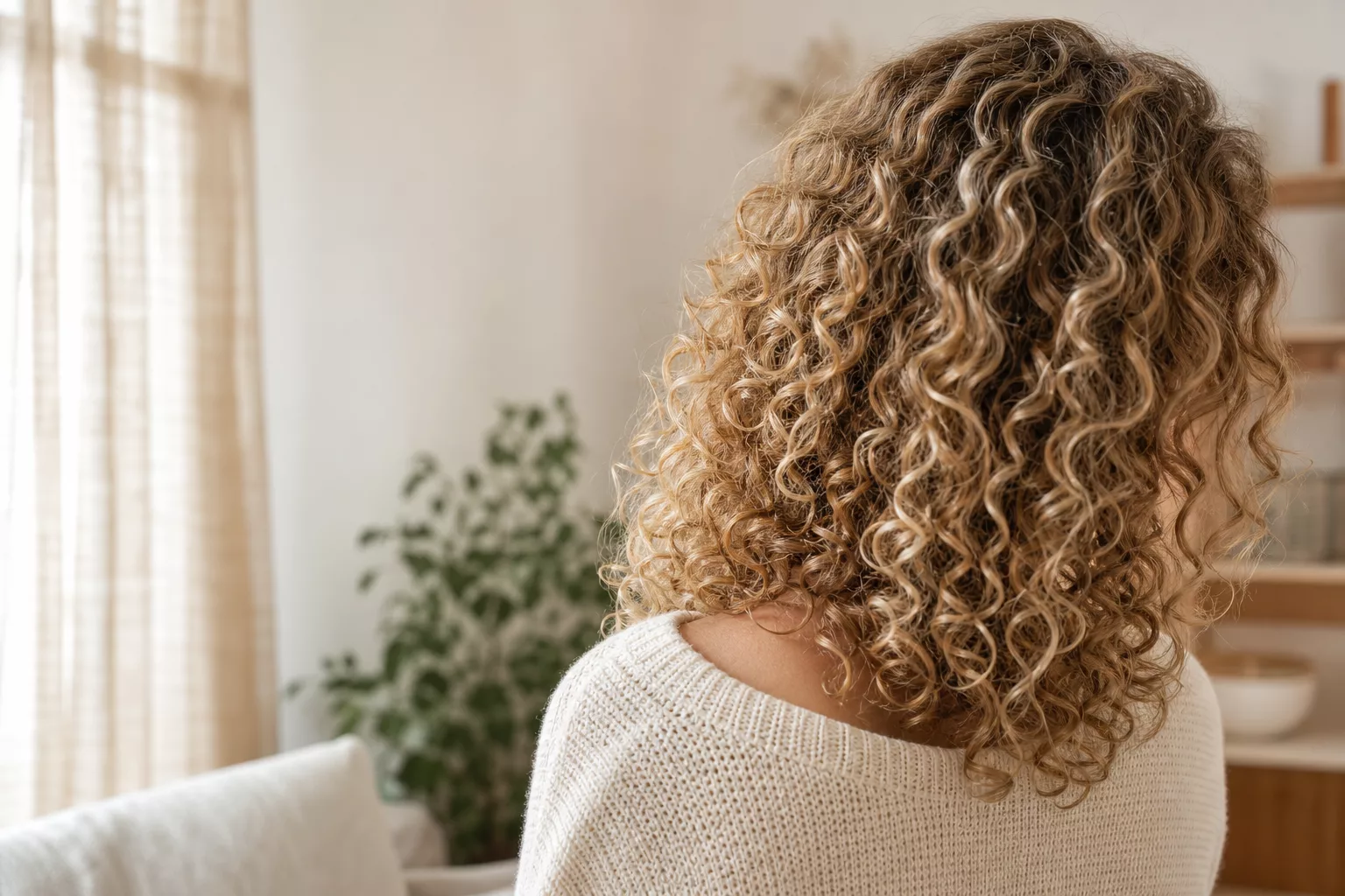 Naturlocken ab 50 in voller, glänzender Lockenpracht von hinten