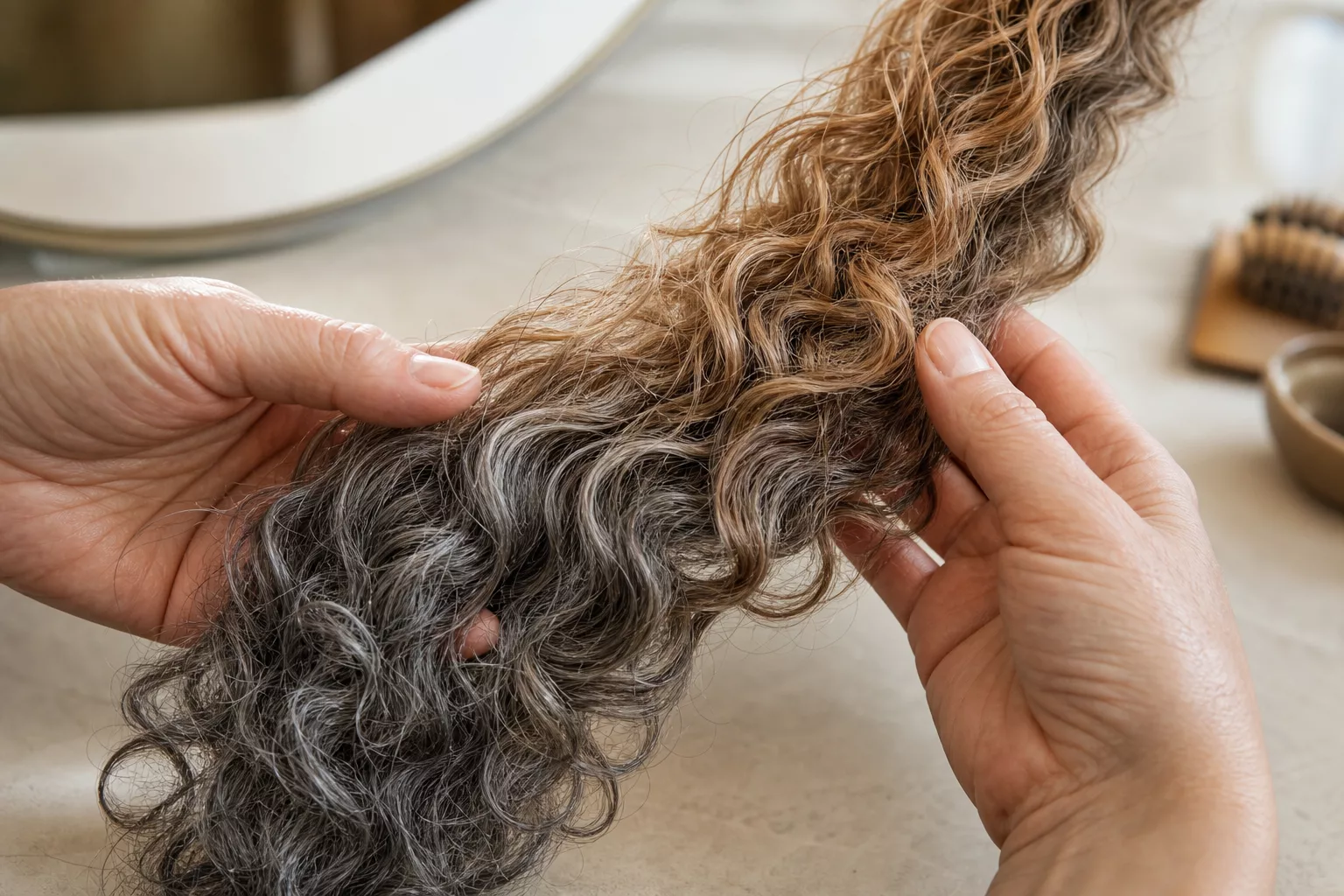 Dicke lockige Haarsträhne mit Balayage-Farbverlauf in Händen