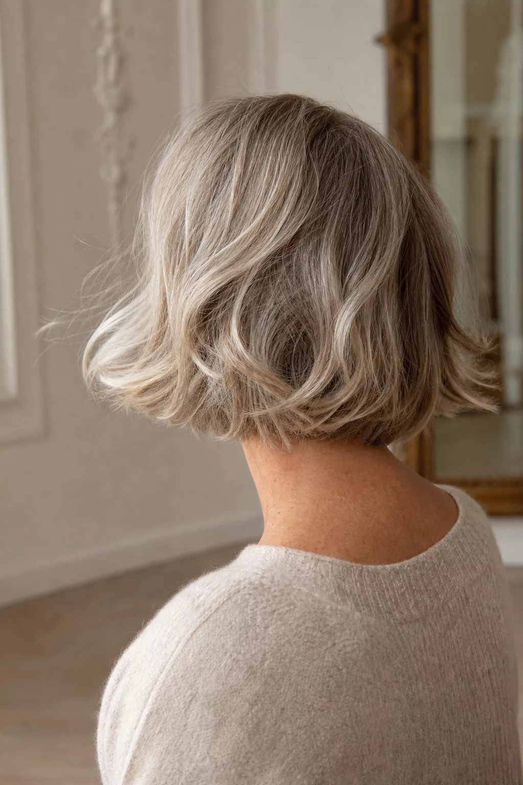 Kinnlanger French Bob mit sanften Locken von hinten