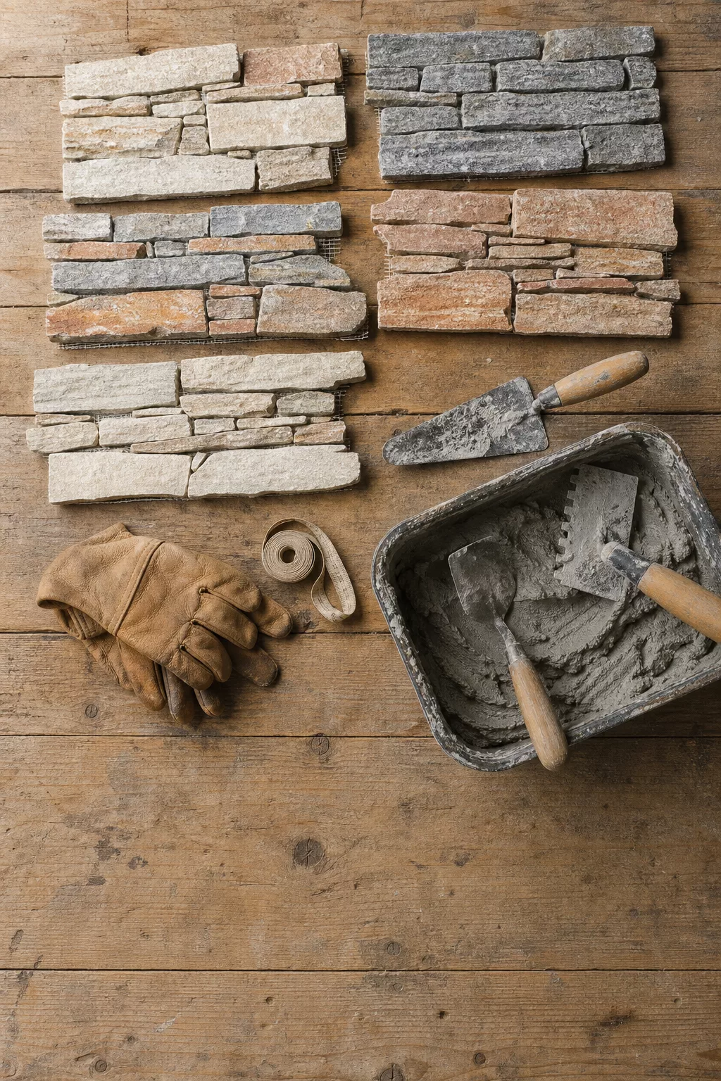 Natursteinplatten und Werkzeug als Material für die Kaminofen-Rückwand