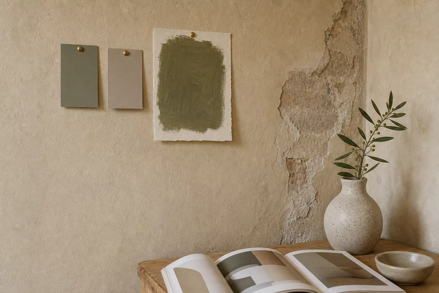 Wandfarbenmuster in Sand, Greige und Oliv bei Tageslicht getestet