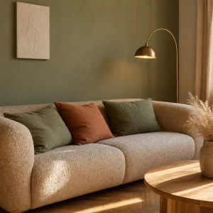 Neo-Neutrals Wohnzimmer mit beigem Bouclé-Sofa, olivgrüner Wand und Eichenholz-Couchtisch