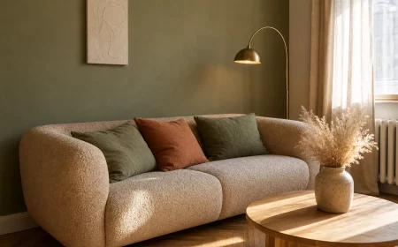 Neo-Neutrals Wohnzimmer mit beigem Bouclé-Sofa, olivgrüner Wand und Eichenholz-Couchtisch
