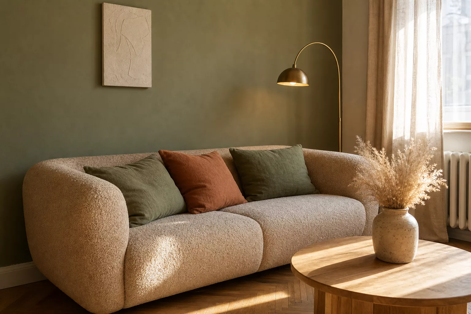 Neo-Neutrals Wohnzimmer mit beigem Bouclé-Sofa, olivgrüner Wand und Eichenholz-Couchtisch